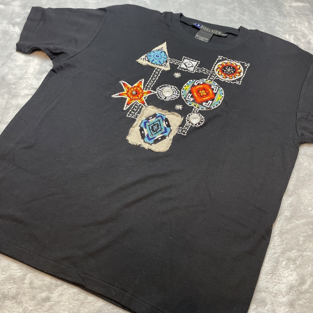 Vtg IB Diffusion Southwestern Top Tee Womens M Black Beaded Aztec Art‎ to Wear